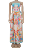 Blue Casual Print Pocket Strapless Loose Jumpsuits