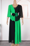 Green Elegant Contrast Flower Shape Deep V Neck Long Plus Size Dresses