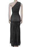 Black Elegant Solid Color See-Through Oblique Collar Long Dresses