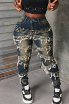 Deep Blue Casual Solid Color Ripped Mid Waist Skinny Denim Jeans