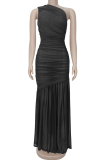 Black Elegant Solid Color See-Through Oblique Collar Long Dresses