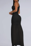 Black Elegant Solid Color See-Through Oblique Collar Long Dresses
