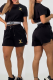 Black Casual Letters Embroidered Draw String O Neck Short Sleeve Two Pieces