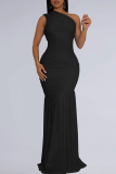Black Elegant Solid Color See-Through Oblique Collar Long Dresses