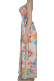 Blue Casual Print Pocket Strapless Loose Jumpsuits