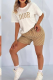 Brown Casual Letters Pocket Embroidery O Neck Short Sleeve Two Pieces