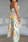 Blue Casual Print Pocket Strapless Loose Jumpsuits