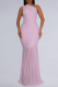 Light Pink Elegant Solid Color See-Through Oblique Collar Long Dresses