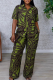Green Casual Print Buckle Turndown Collar Short Sleeve Two Pieces