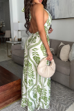 Green Casual Print Backless Halter Loose Jumpsuits