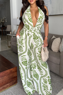 Green Casual Print Backless Halter Loose Jumpsuits