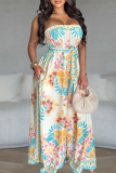 Blue Casual Print Pocket Strapless Loose Jumpsuits