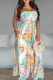 Blue Casual Print Pocket Strapless Loose Jumpsuits