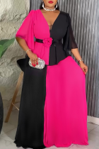 Rose Red Elegant Contrast Flower Shape Deep V Neck Long Plus Size Dresses