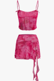 Pink Sexy Print Slit Irregular Hem Spaghetti Strap Sleeveless Two Pieces
