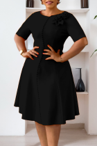 Black Elegant Solid Color Flower Shape O Neck One Step Skirt Dresses