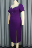 Purple Elegant Solid Color Slit Beading Asymmetrical Collar Long Dresses