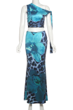 Blue Elegant Print Patchwork Oblique Collar Sleeveless Two Pieces