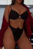Black Sexy Solid Color Metal Accessories Trim Swimwears
