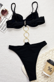 Black Sexy Solid Color Metal Accessories Trim Swimwears
