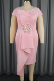 Pink Elegant Solid Color Flower Shape O Neck Long Dresses
