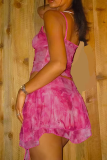 Pink Sexy Print Slit Irregular Hem Spaghetti Strap Sleeveless Two Pieces