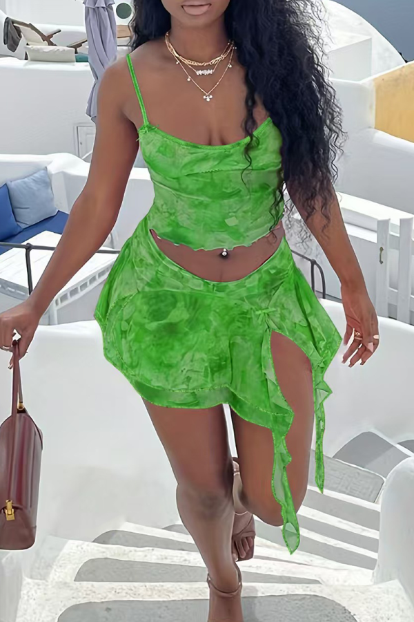Green Sexy Print Slit Irregular Hem Spaghetti Strap Sleeveless Two Pieces