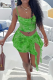 Green Sexy Print Slit Irregular Hem Spaghetti Strap Sleeveless Two Pieces