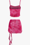 Pink Sexy Print Slit Irregular Hem Spaghetti Strap Sleeveless Two Pieces