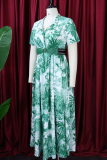 Green Elegant Print With Belt Turndown Collar Long Dresses