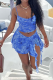 Blue Sexy Print Slit Irregular Hem Spaghetti Strap Sleeveless Two Pieces