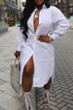 Blue Casual Solid Color Buckle Shirt Collar Shirt Dresses