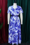 Green Elegant Print With Belt Turndown Collar Long Dresses