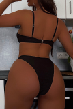 Black Sexy Solid Color Metal Accessories Trim Swimwears