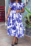 Green Elegant Print With Belt Turndown Collar Long Dresses
