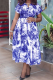 Royal Blue Elegant Print With Belt Turndown Collar Long Dresses