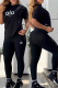 Black Casual Letters O Neck Short Sleeve Two Pieces