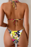 Colour Sexy Print Backless Strap Design Swimwears