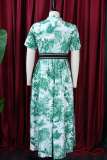 Green Elegant Print With Belt Turndown Collar Long Dresses