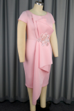 Pink Elegant Solid Color Flower Shape O Neck Long Dresses