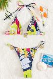 Colour Sexy Print Backless Strap Design Swimwears