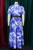 Green Elegant Print With Belt Turndown Collar Long Dresses