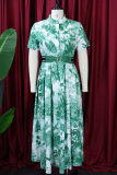 Green Elegant Print With Belt Turndown Collar Long Dresses
