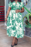 Green Elegant Print With Belt Turndown Collar Long Dresses