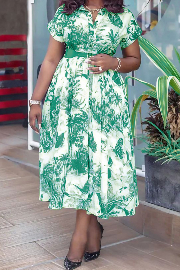 Green Elegant Print With Belt Turndown Collar Long Dresses