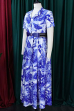 Green Elegant Print With Belt Turndown Collar Long Dresses