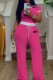 Rose Red Casual Letters Lace Up O Neck Short Sleeve Two Pieces