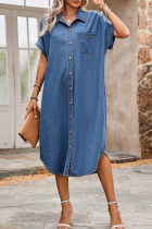 Blue Casual Solid Color Pocket Buckle Turndown Collar Short Sleeve Loose Denim Dresses