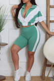 Green Casual Zipper Contrast Zipper Collar Short Sleeve Two Pieces