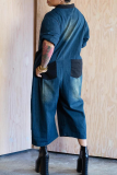 Blue Casual Solid Color Pocket Buckle Turndown Collar Short Sleeve Loose Denim Jumpsuits